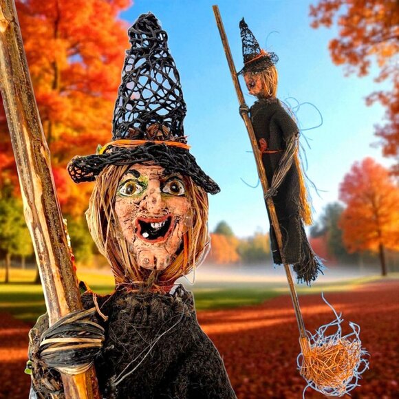 Wicked Witch Broom Stick Paper Mache Style Decor Raffia Primitive Halloween 34" - Picture 2 of 14